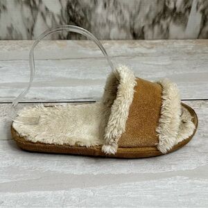 Minnetonka Brown Suede Sherpa Lined Slip On Slides Women Sz 7 Comfy House Shoes